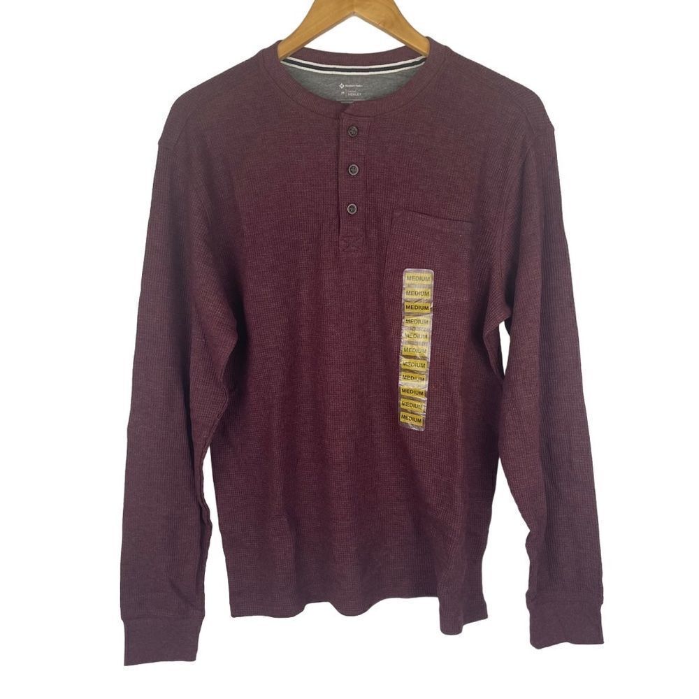 Mens Members Mark Thermal Henley Red (Windsor‎ Wine) Long Sleeve Tee W/ Buttons
